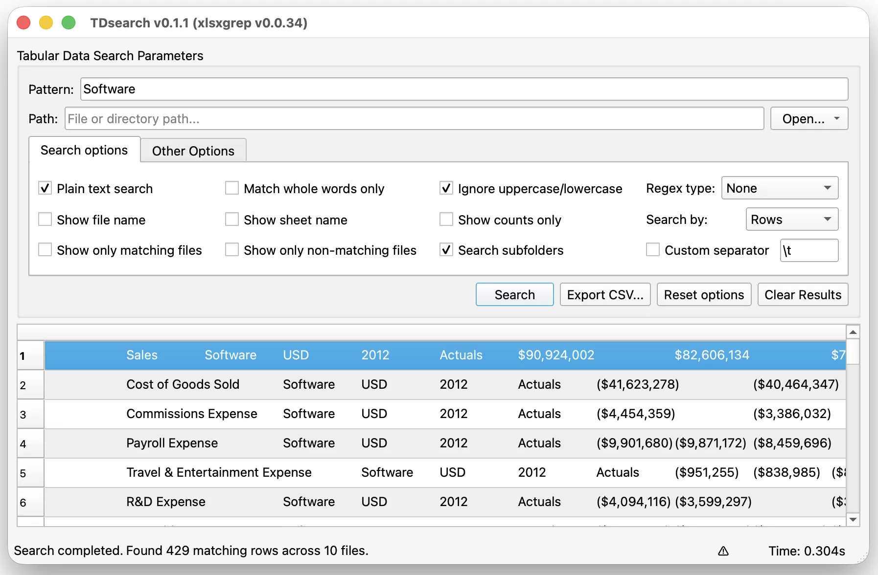 TDsearch desktop application showing search parameters, file results, and export controls